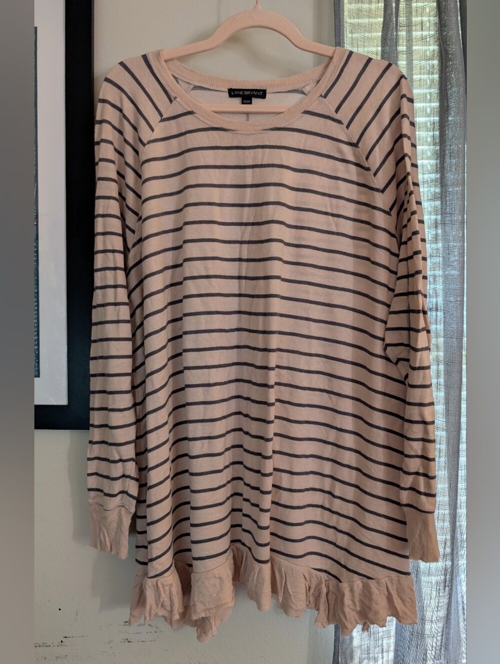 Lane Bryant Long Sleeve Peach Striped Blouse with Ruffle Bottom Size 22/24